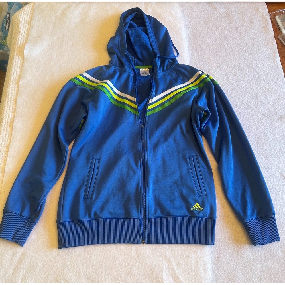 Adidas Mens Full Zip Hoodie M Blue Green White Stripes Track Jacket Athletic